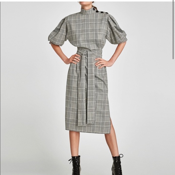 ZARA gray plaid checkered puff sleeve dress M - Picture 4 of 13